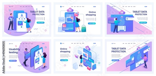 Set of landing pages for Testing different mobile applications. Isometric 3D and 2D illustrations