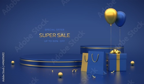 Blue round and cube podium. Scene, 3D platform with gold circle on blue background. Blank advertising pedestal with gift box, shopping bags and festive helium balloons. Vector illustration.