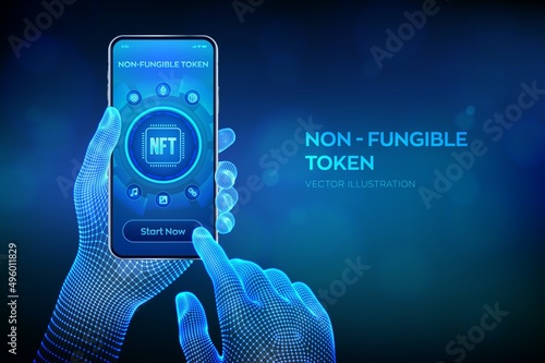 NFT. Non-fungible token digital crypto art blockchain technology concept. Investment in cryptographic. Closeup smartphone in wireframe hands. Vector illustration.