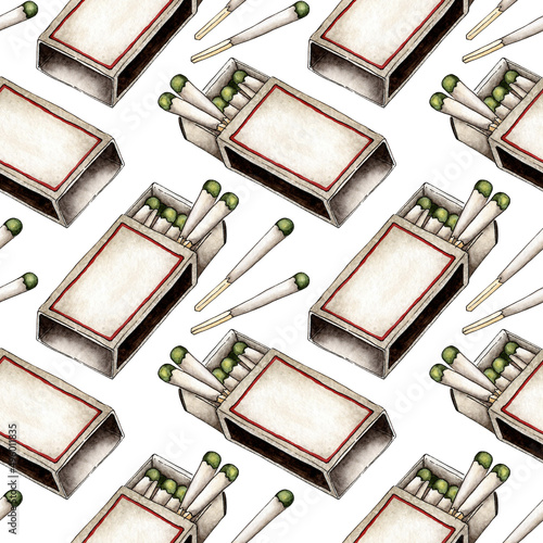 Watercolor illustration of matchbox pattern, hunting matches. Seamless repeat print get a flame. Light the fire. Burnt wooden stick. Hand drawn doodles. Isolated on white background. Drawn by hand.