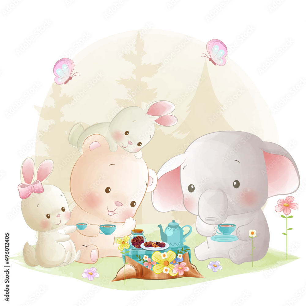 Cute animal tea party illustration woodland friends having a picnic Cute animal tea party illustration woodland friends having a picnic