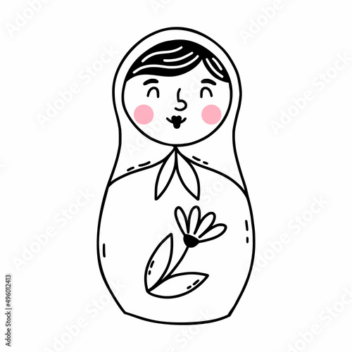 Cute matryoshka. Russian doll. Vector illustration in doodle style. Coloring book for child.