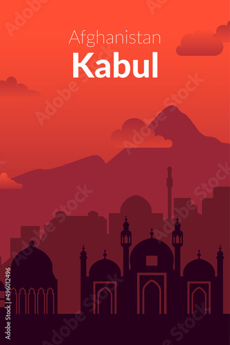 Kabul, Afghanistan famous sunset city view poster.