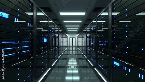 Data center with working rack servers that are used for big data and cloud computing services. High speed network connecting data servers in a server room. Technology, IT background. 3D animation. 4K