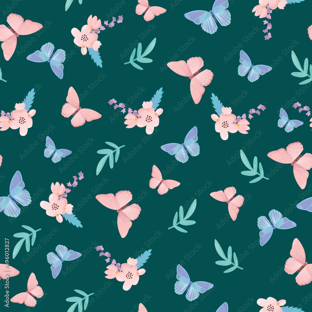 Seamless pattern with flowers and butterflies.