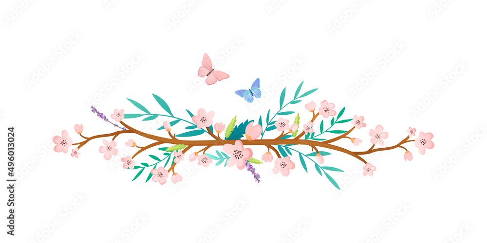 Fototapeta premium Decorative blooming branch with flowers and butterflies.