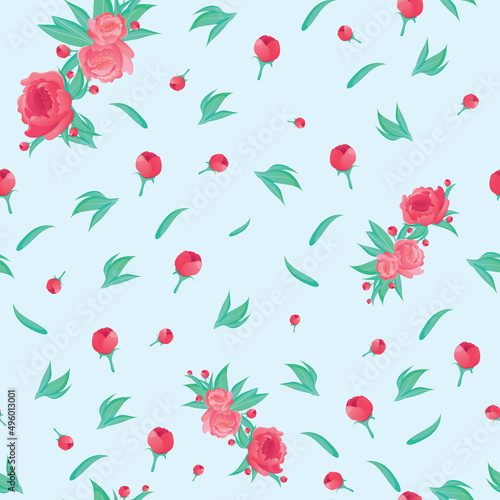 Seamless pattern with pink flowers and leaves.
