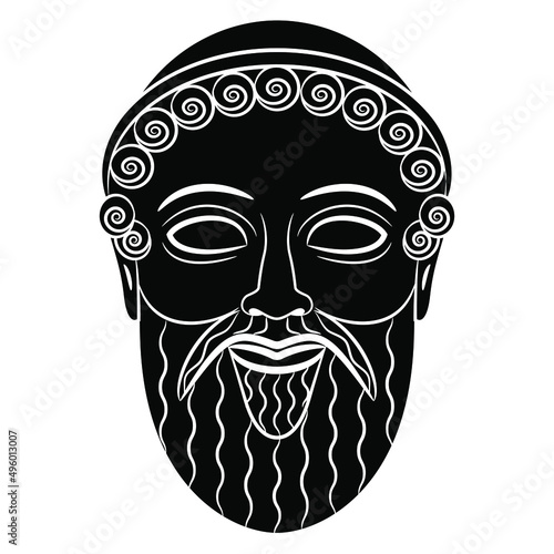 Head of ancient Greek god. Bearded male face. Mask of Poseidon or Zeus. Black and white negative silhouette.