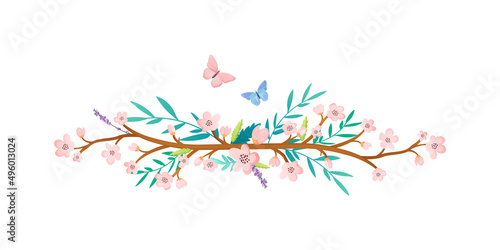 Decorative blooming branch with flowers and butterflies.