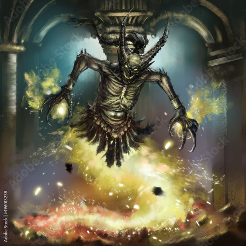 A magical creature ifrit, instead of legs it has fire, a pair of horns on its head. Digital drawing style, 2D illustration