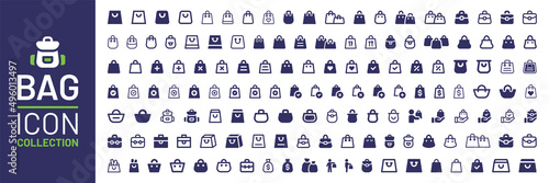 Bag icon collection. Containing shopping bag, handbag, purse, money bag and backpack icon.