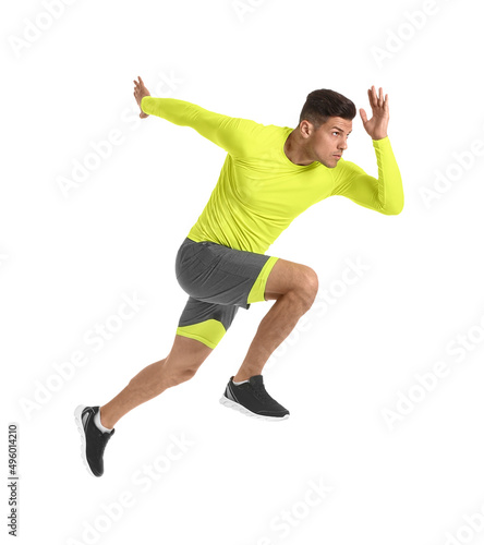 Sporty male runner on white...