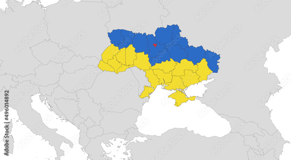 Obraz premium Map of the Ukraine in the colors of the flag with individual regions and capital city, with neighboring states, blank