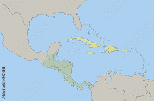 Central America and Caribbean islands map classic color, individual states, blank