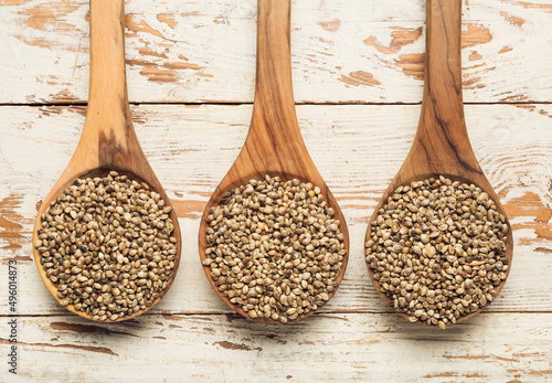 Hemp seeds in wooden spoons...