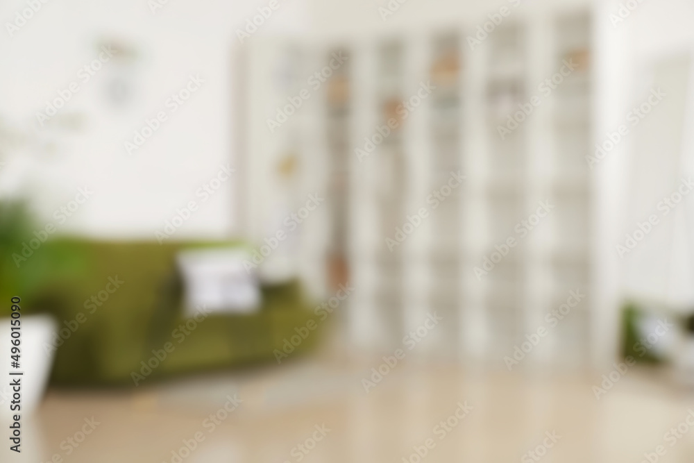 Blurred view of room with big shelf unit, sofa and mirror