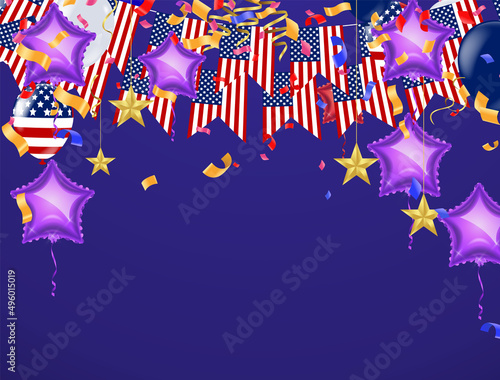 holiday USA decorations  New Birthday celebration with ribbon balloon background vector Illustration with confetti for parties or celebrations