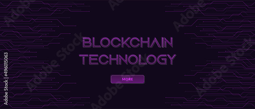 Blockchain technology concept, cryptocurrency. Working with tokens on the Internet, security. Futuristic background with elements in techno style microchips. Design banner template for web. Copyspace.