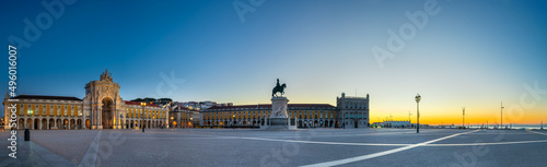 Commerce Square panorama (Praca do Comercio) with statue of of King Jose I in Lisbon. Portugal photo