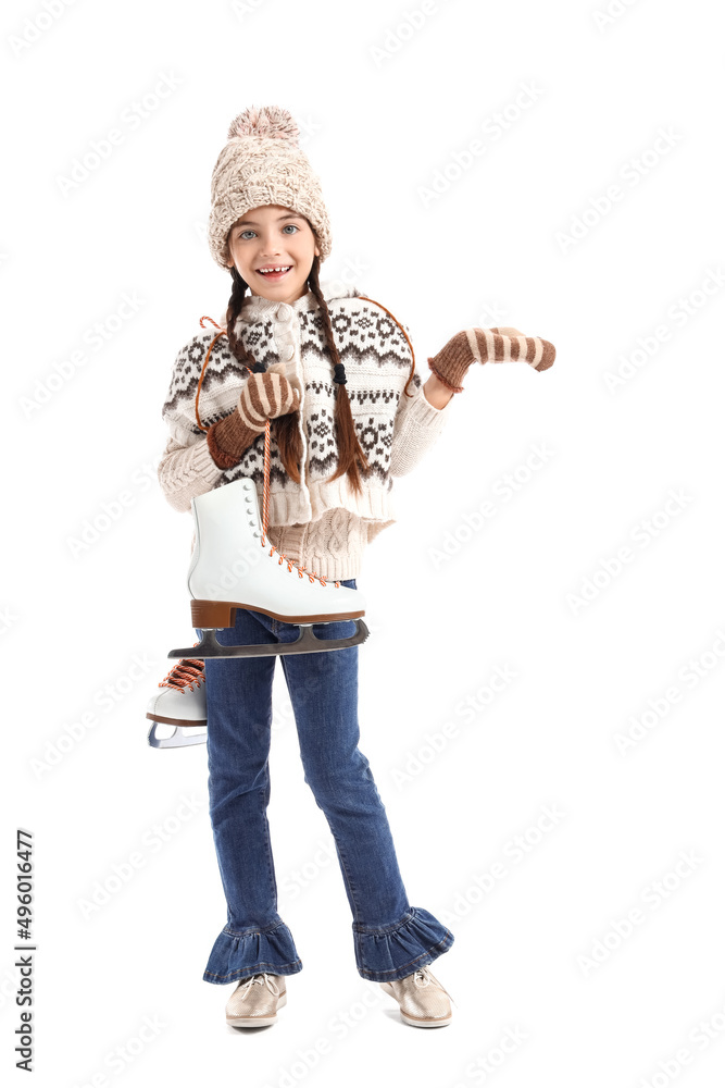 Funny little girl with ice skates on white background Funny little girl with ice skates on white background