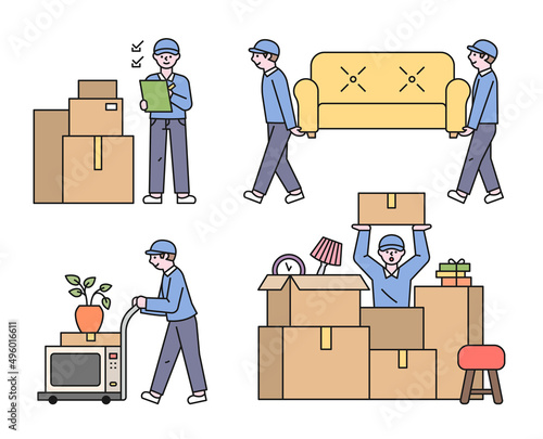 moving day. Moving company employees are moving boxes and furniture. flat design style vector illustration.