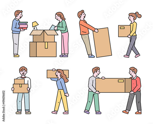 moving day. People packing and moving things. flat design style vector illustration.