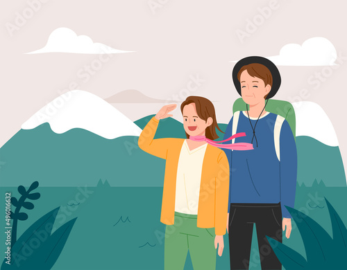 A couple is enjoying the cool breeze while hiking. flat design style vector illustration.