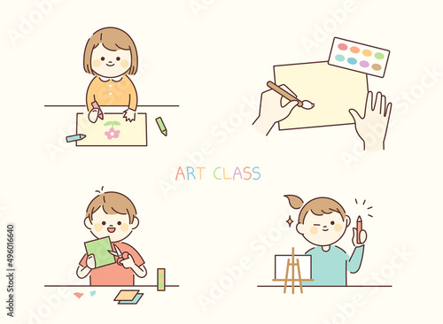 Art class for children with round faces and cute faces. flat design style vector illustration.