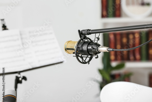 Modern microphone in room, closeup