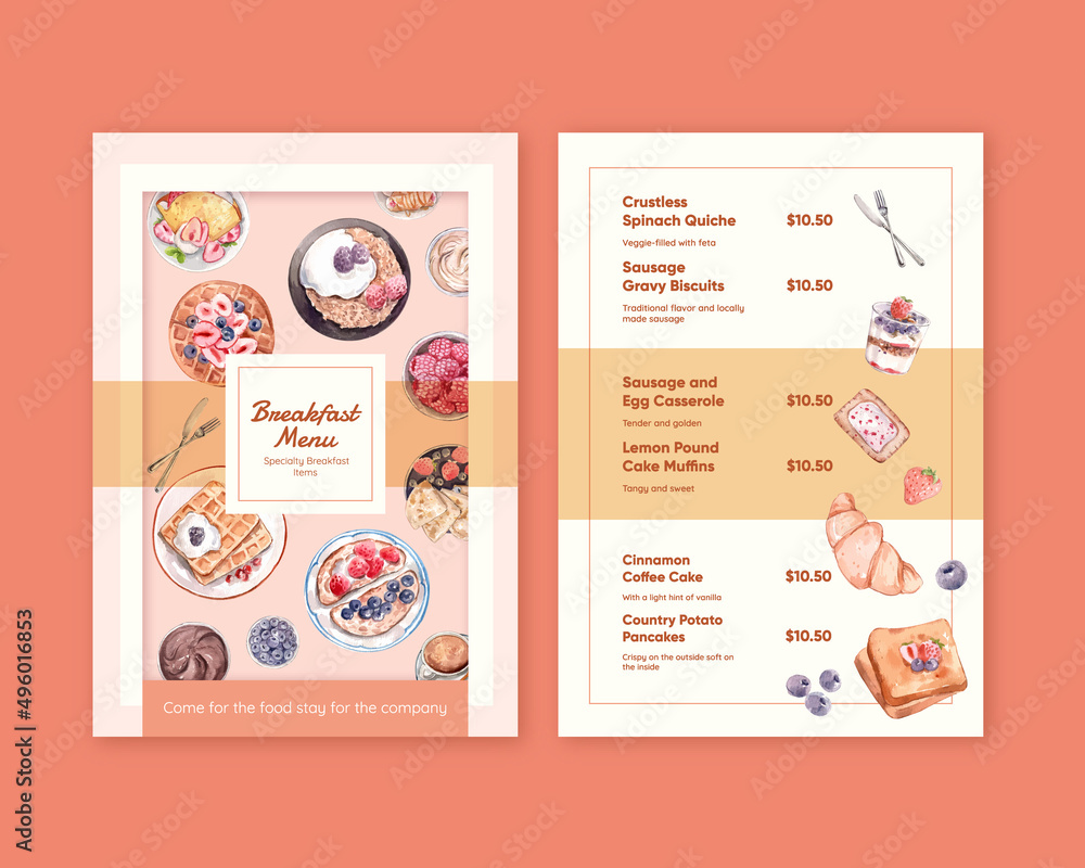 Menu template with specialty breakfast concept,watercolor style
