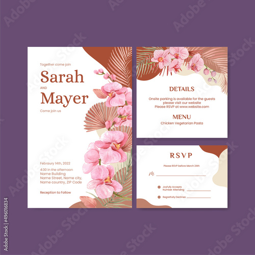 Wedding card template with orchid flower with boho concept,watercolor style