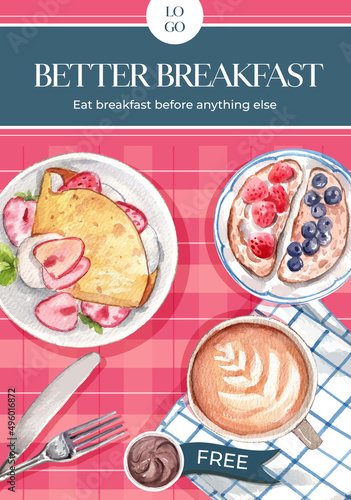 Poster template with specialty breakfast concept,watercolor style