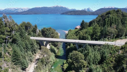 View of The Correntoso River, a river located in Villa La Angostura, Argentina, this River runs from Correntoso Lake to Nahuel Huapi Lake, standing out as one of the Shortest Rivers in the World. 4K. photo