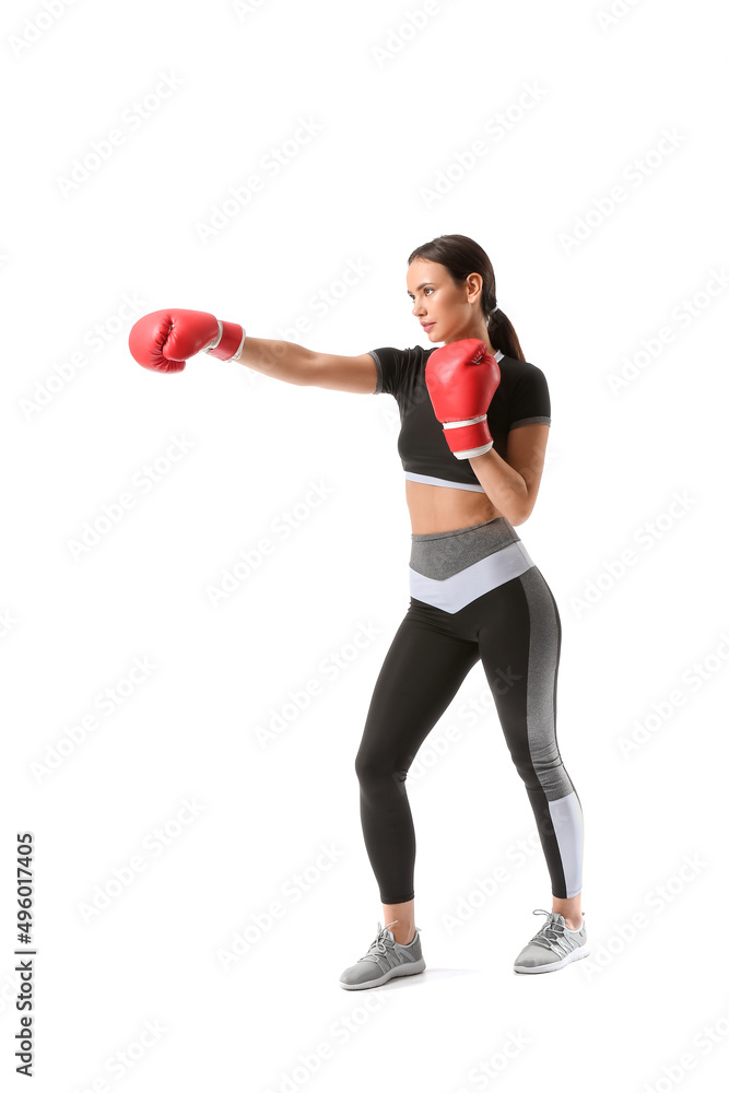 Young woman with boxing gloves on white background. Immunity concept Young woman with boxing gloves on white background. Immunity concept