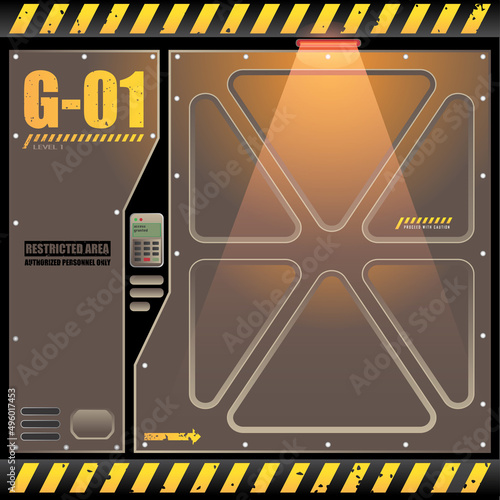 Futuristic industrial door or gate for design element, backdrop, poster or any other purpose.