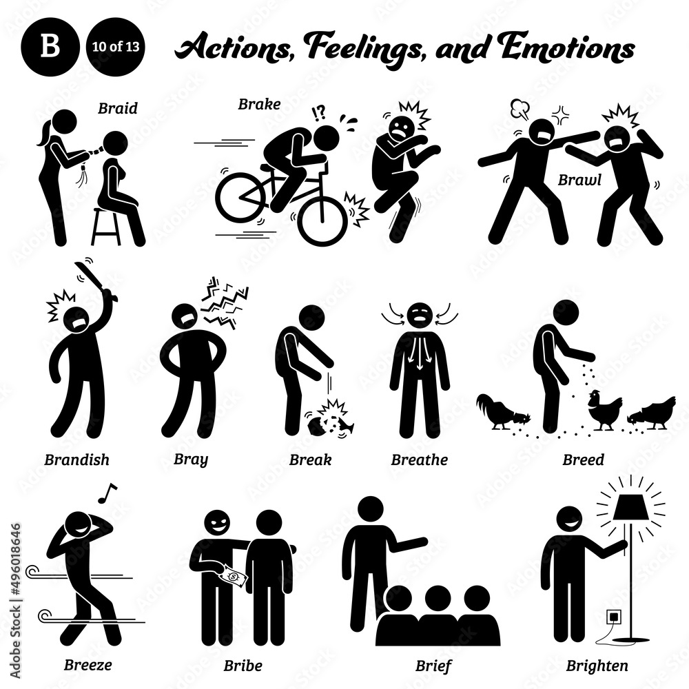 Stick figure human people man action, feelings, and emotions icons starting with alphabet B. Braid, brake, brawl, brandish, bray, break, breathe, breed, breeze, bribe, brief, and brighten.