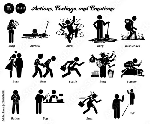 Stick figure human people man action, feelings, and emotions icons starting with alphabet B. Burp, burrow, burst, bury, bushwhack, buss, bust, bustle, busy, butcher, button, buy, buzz, and bye.
