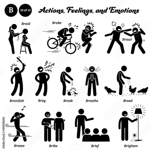 Stick figure human people man action, feelings, and emotions icons starting with alphabet B. Braid, brake, brawl, brandish, bray, break, breathe, breed, breeze, bribe, brief, and brighten.
