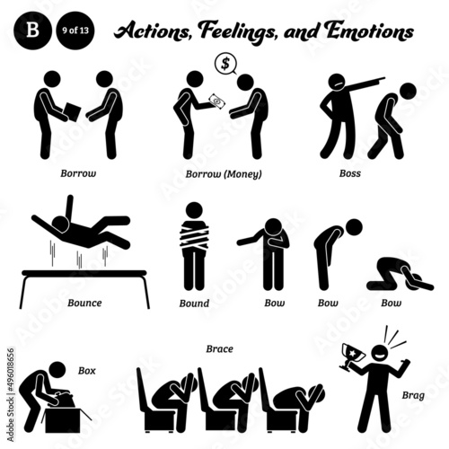 Fototapeta Stick figure human people man action, feelings, and emotions icons starting with alphabet B
