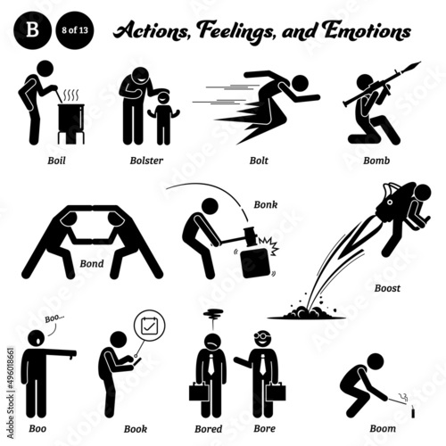 Stick figure human people man action, feelings, and emotions icons starting with alphabet B. Boil, bolster, bolt, bomb, bond, bonk, boost, boo, book, bored, bore, and boom. photo
