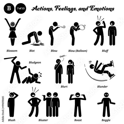 Stick figure human people man action, feelings, and emotions icons starting with alphabet B. Blossom, blot, blow air, blow balloon, bluff, bludgeon, blurt, blunder, blush, bluster, boast, and boggle.
