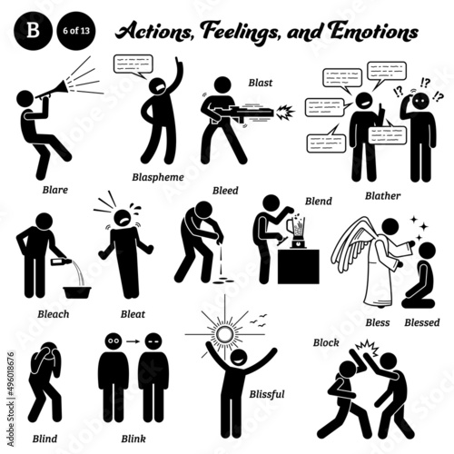Stick figure human people man action, feelings, and emotions icons starting with alphabet B. Blare, blaspheme, blast, blather, bleach, bleat, bleed, blend, bless, blind, blink, blissful, and block.