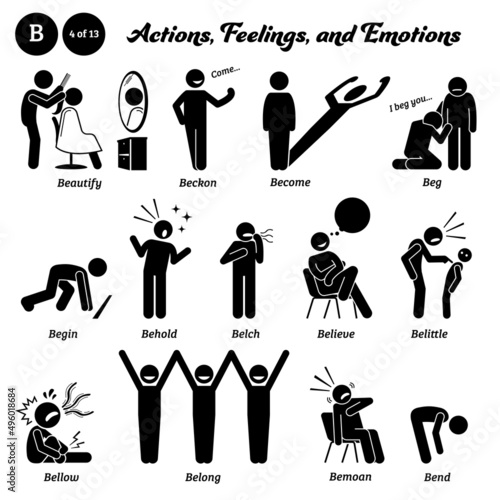 Stick figure human people man action, feelings, and emotions icons starting with alphabet B. Beautify, beckon, become, beg, begin, behold, belch, believe, belittle, bellow, belong, bemoan, and bend.