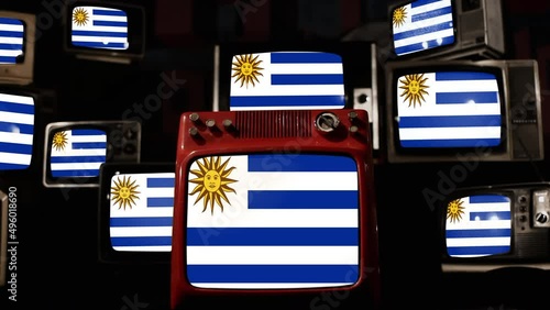 Flag of Uruguay and Vintage Televisions. 4K Resolution. photo