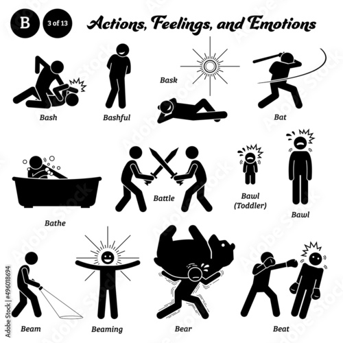 Stick figure human people man action, feelings, and emotions icons starting with alphabet B. Bash, bashful, bask, bat, bathe, battle, bawl, beam, beaming, bear, and beat.