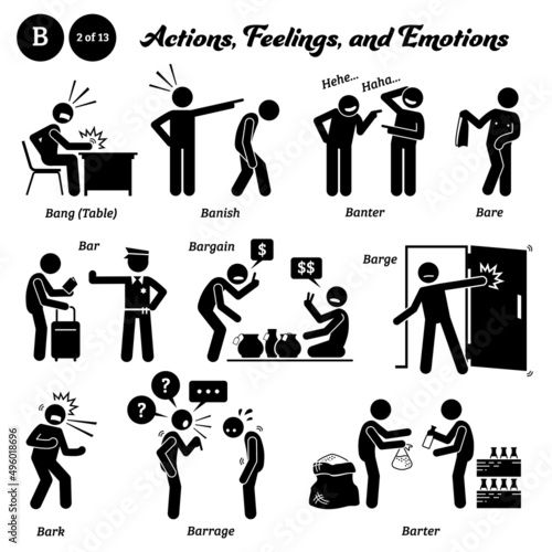 Stick figure human people man action, feelings, and emotions icons starting with alphabet B. Bang table, banish, banter, bare, bar, bargain, barge, bark, barrage, and barter.