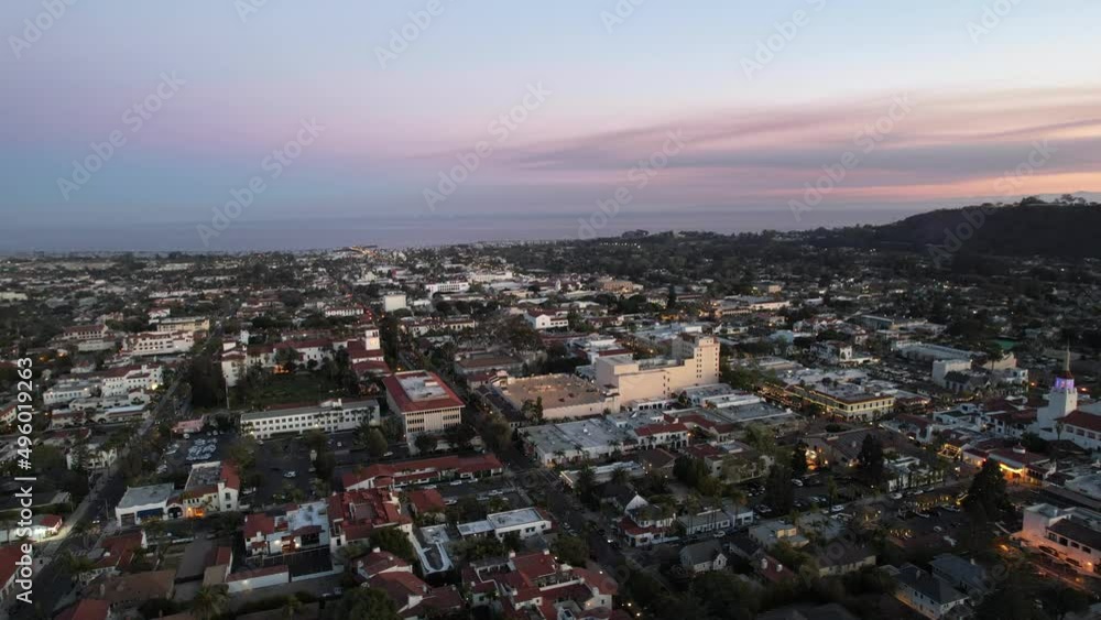 Dynamic aerial drone view of Santa Barbara, California downtown city at sunset Dynamic aerial drone view of Santa Barbara, California downtown city at sunset