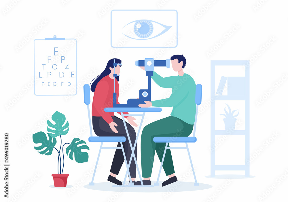 Ophthalmology of Checks Patient Sight, Optical Eyes Test, Spectacles Technology and Choosing Eyeglasses with Correction Lens in Flat Cartoon Illustration