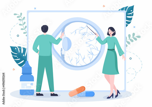 Ophthalmology of Checks Patient Sight, Optical Eyes Test, Spectacles Technology and Choosing Eyeglasses with Correction Lens in Flat Cartoon Illustration