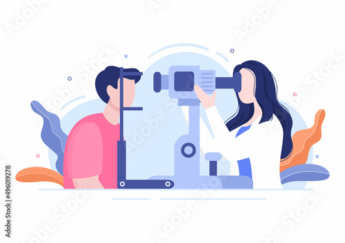 Ophthalmology of Checks Patient Sight, Optical Eyes Test, Spectacles Technology and Choosing Eyeglasses with Correction Lens in Flat Cartoon Illustration
